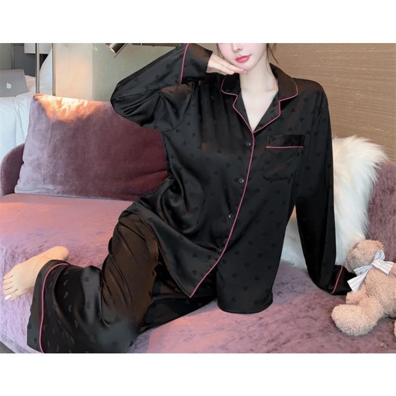 2PCS Set Spring Autumn Love Jacquard Silk Pajamas Women's Long Sleeve Simple Sleepwear Homewear Girl Black Nightwear Loungewear