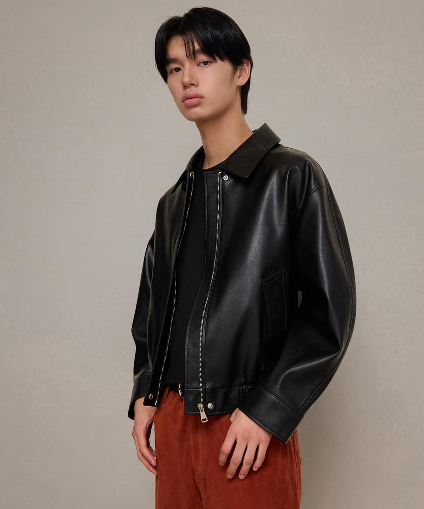 Leftseoul Unisex Synthetic Leather Oversized Blouson [Black]