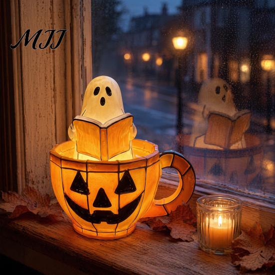 Retro Halloween Light Ghost Reading Book Lamp, Stained Glass Style Night Light, Resin Spooky Warm Orange Pumpkin Bedside Lamp for Bedroom, Living