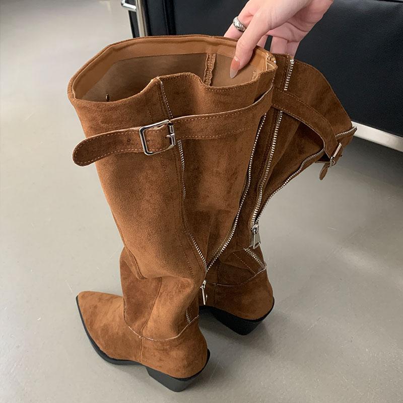 Damen Western Stiefeletten Designer Schnallenriemen Mode Spitzschuh Damen Kniehohe Stiefel mit Blockabsatz Schuhe