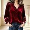 Solid Color Velvet Ruffled V-Neck Top Women'S Vintage Puff Sleeve Button-Down Shirt