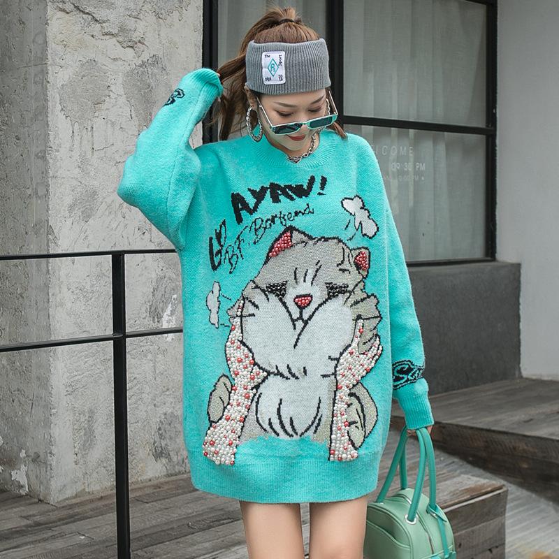 European Station Autumn/winter Sweater Casual Crew Neck Cartoon Cat Loose Knitwear Girl Design Lazy Top Trendy Brand