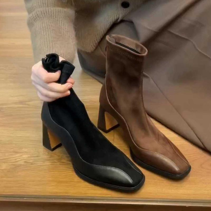 Retro High Heels Ankle Women's Boots Square Toe Sexy Shoes for Women Shoes Zip Ladies Shoes Classic Daily Thin Leg Women Botas