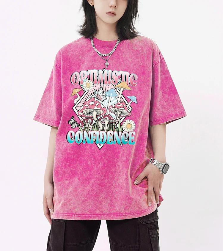 Confidence And Optimism Butterflies Mushrooms Print Washed T-Shirt Women Summer Casual Tees Shirts Cotton Tee Clothes Female S разноцветный