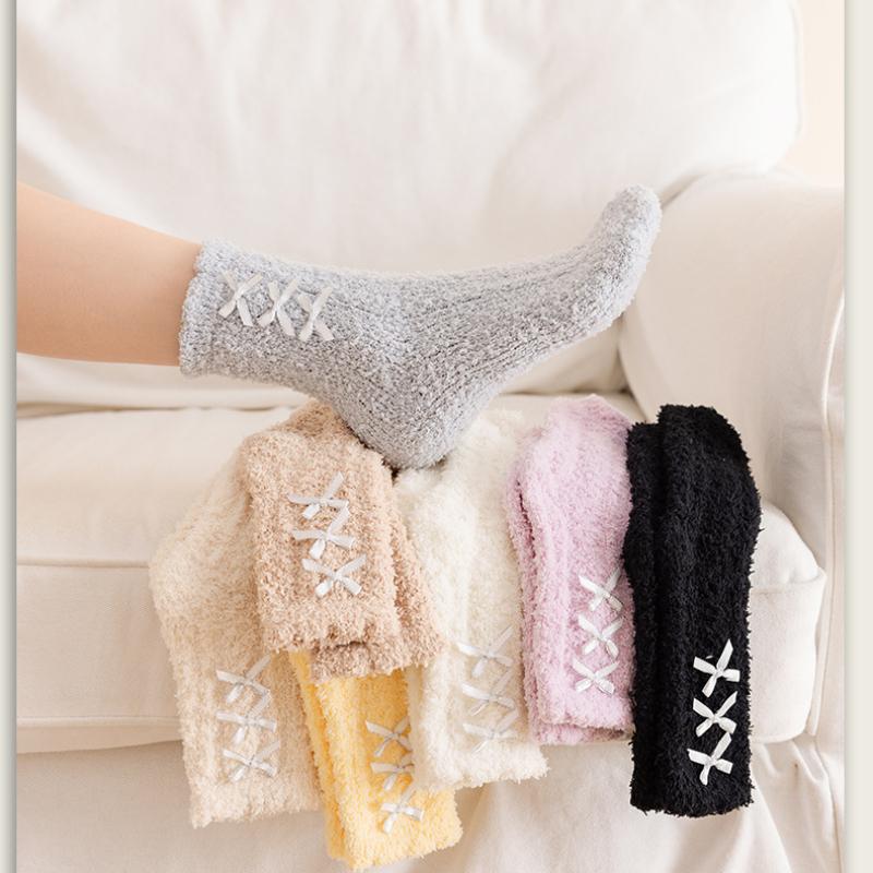 Hiver Automne Chaudes Pelucheuses Floues Chaussettes Nœud Épais Thermiques Douces Kawaii Mi-bas Corail Femme Polaire Sol Sommeil Chaussettes