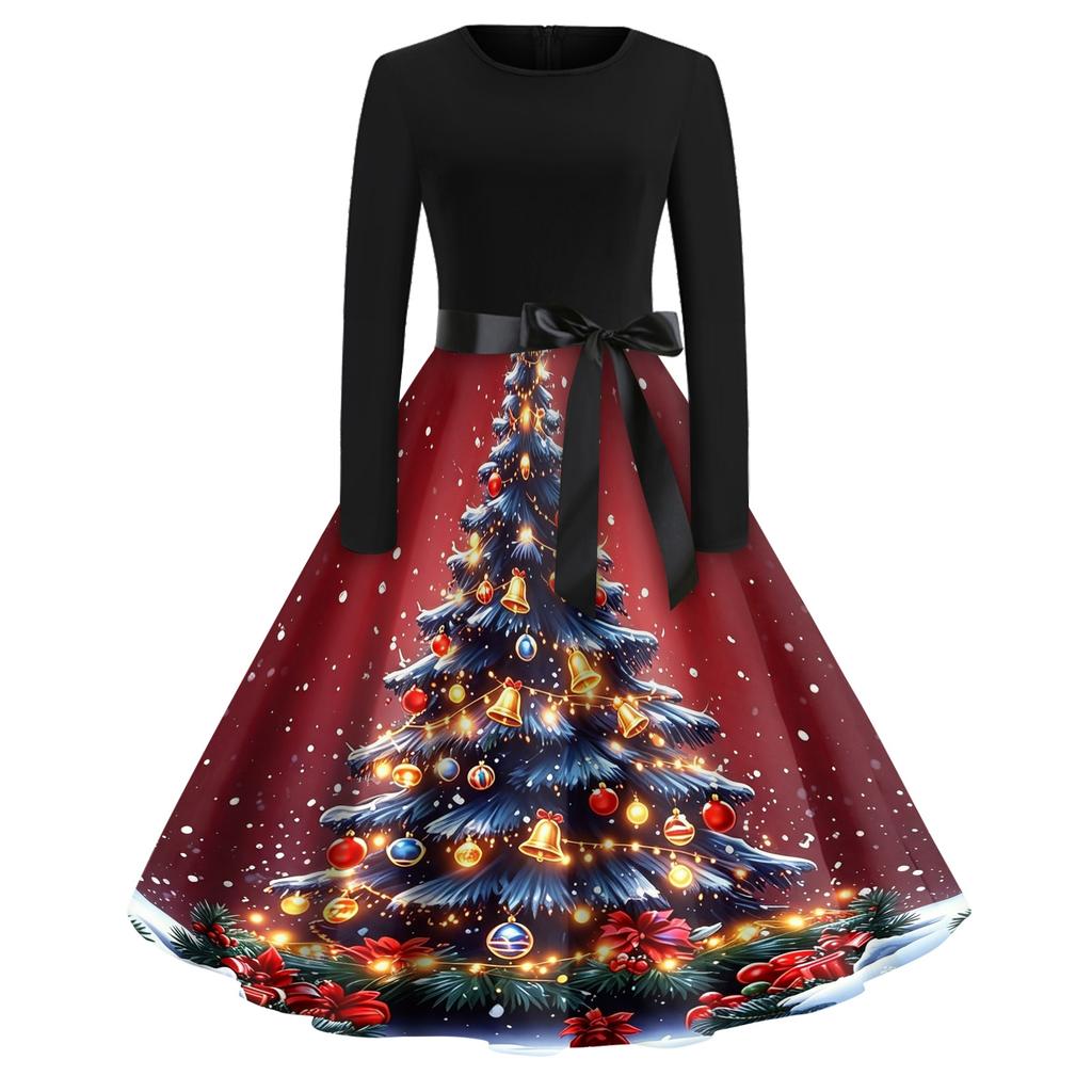 Women's Casual Vintage V-Neck Dress with Christmas Snowflake and Tree Print