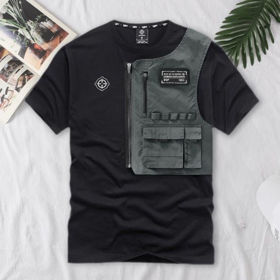 Camicia da uomo Decorazione con cerniera Fresca Tasche staccabili Stile giovane Tessuto morbido Scollo a O Ampia Hip Hop Stile Girocollo Top da uomo Abbigliamento maschile
