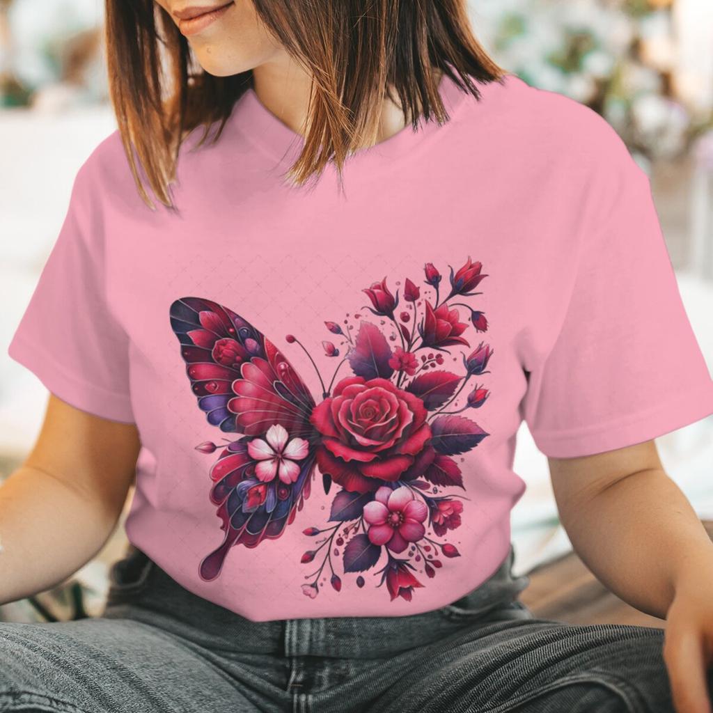 Floral Butterfly Fashion Clothes Summer Spring Flower Tee Ladies Cartoon Clothing Short Sleeve Graphic Women T-shirt Female Top