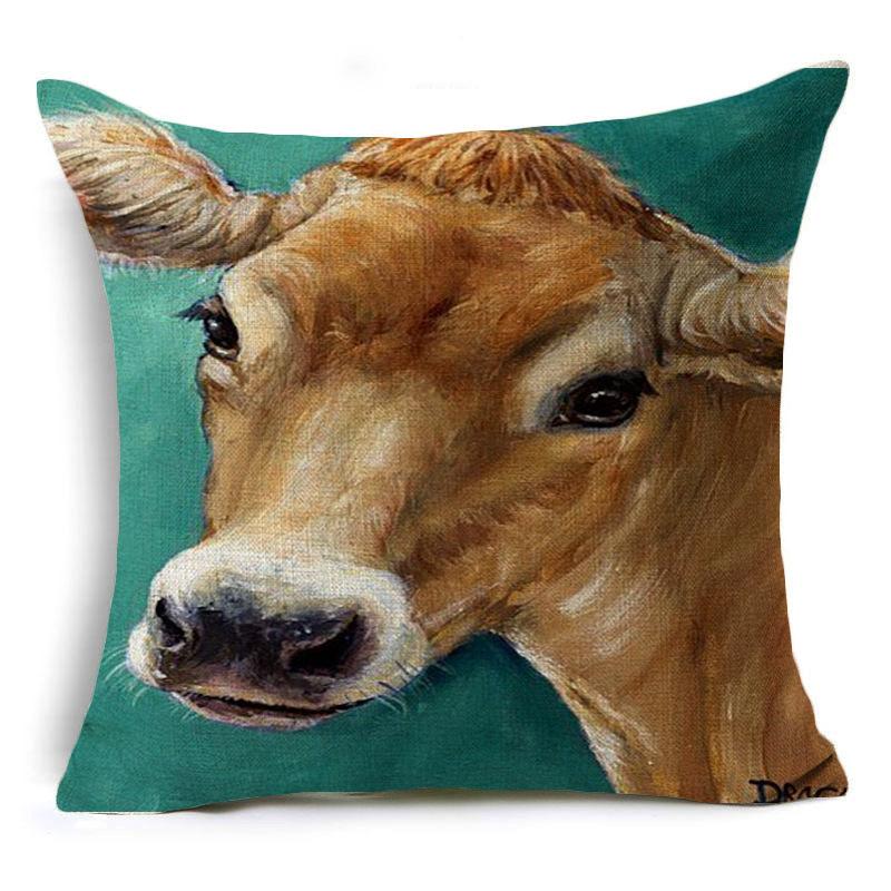 Retro Oil Painting Animals, Cow, Pig and Dog, Linen Pillow, Pillow Case, Pillow