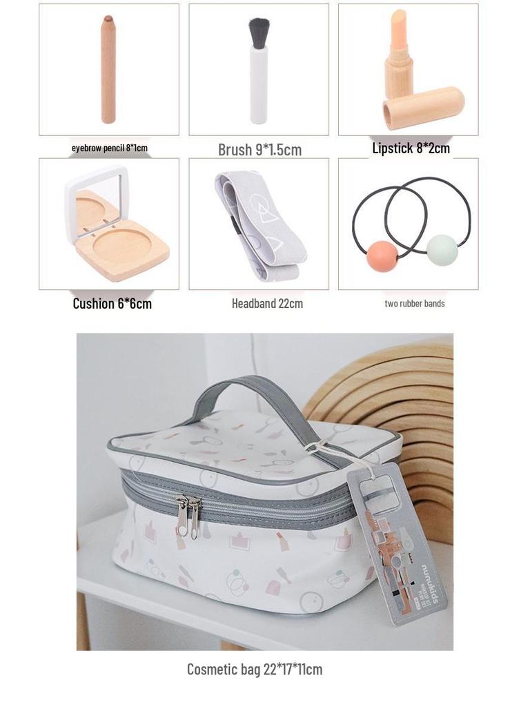 Korean Style Wooden Makeup Play Set: Pretend Eyeshadow, Powder, Lipstick, Perfume, Hair Accessories.