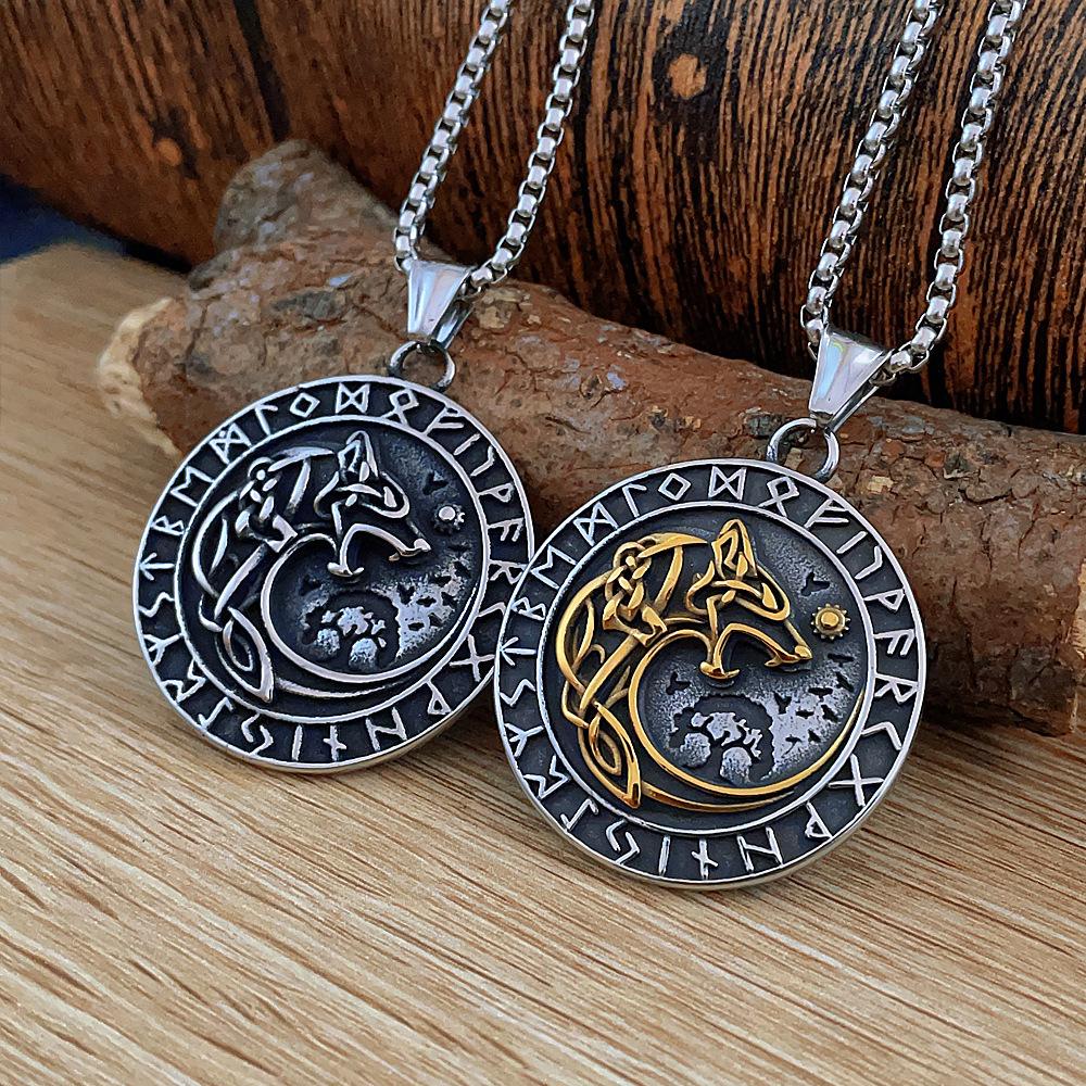 Nordic Viking Wolf Head Rune Titanium Steel Pendant Men's Long Fashion Stainless Steel Necklace