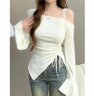 Sweet Sexy Drawstring Ribbon White Off Shoulder Top Women Basic Long Sleeve Body T-Shirt Elegant Flare Sleeve Lady Tees Pulovers