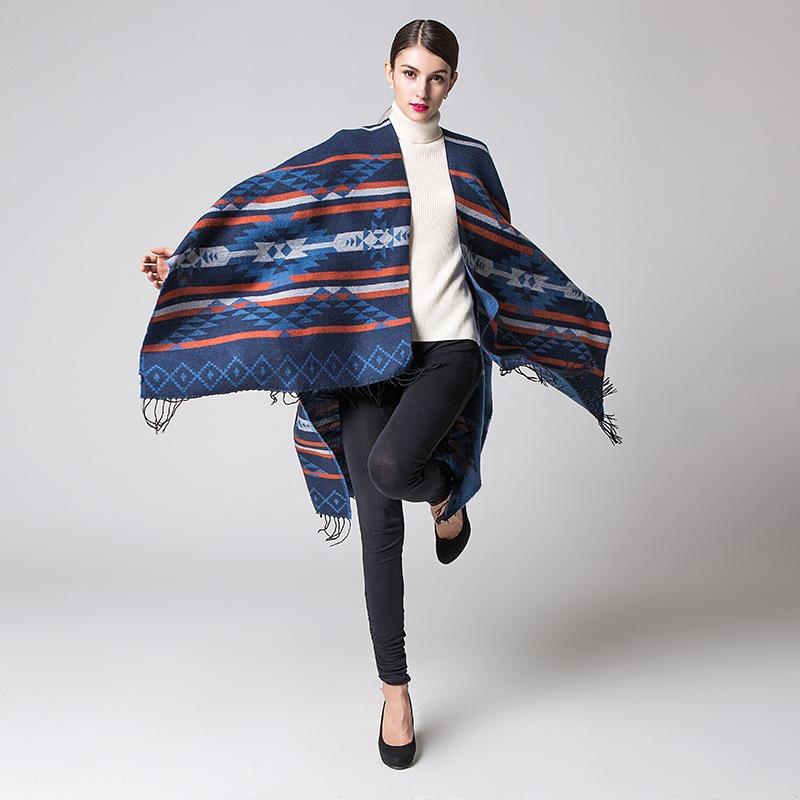 Geometric rhombus tassel lengthened and thickened imitation cashmere autumn and winter travel split shawl cape