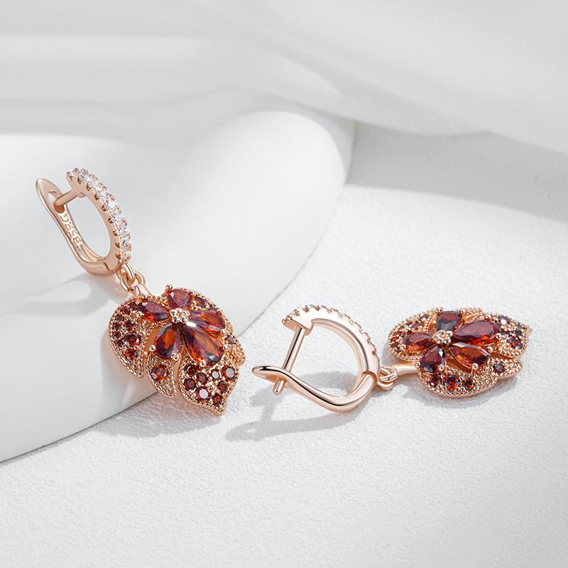 Original Design Shiny Red Natural Zircon Maple Leaf Earrings For Women Fashion  Rose Gold Color Daily Fine Jewelry