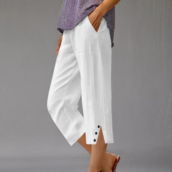 Women Cropped Pants Elastic Waist Wide Leg Beach Pants with Pockets Solid