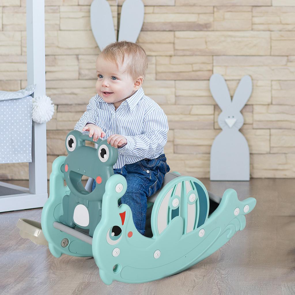 3-in-1 Baby Rocking Horse Portable Slide Basketball Hoop Equipment Indoor Outdoor Playground Toy, Age 18-36 Months, Green