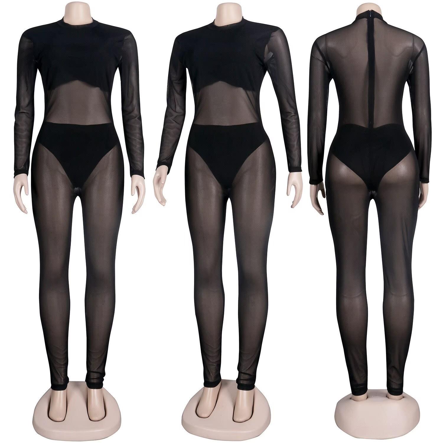 

Прозрачный сетчатый боди с длинным рукавом, черный, для сценических выступлений One Size (fits 80-130 jin) чёрный