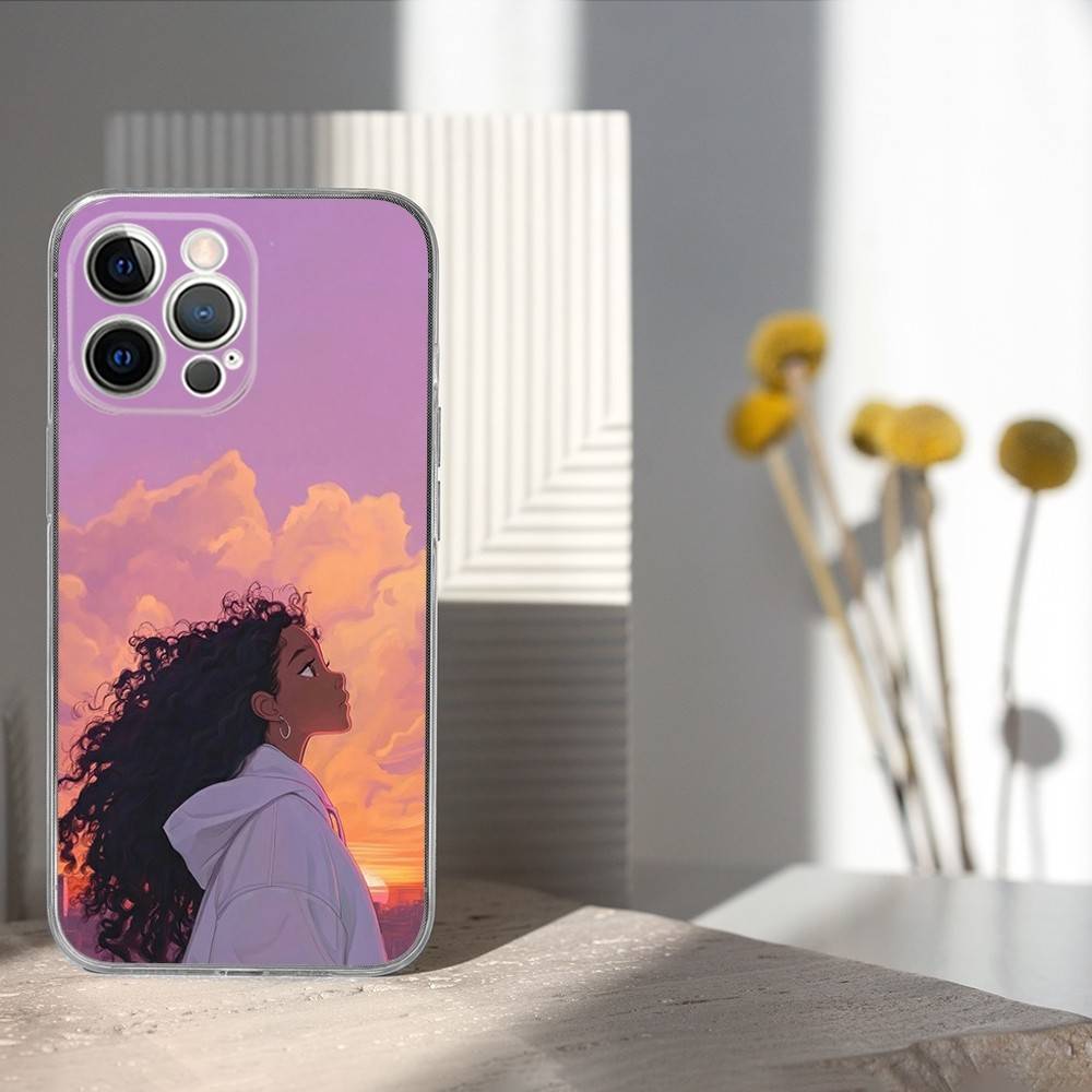 Afro Black Girl Cute Cartoon Phone Case For iPhone 17,16,15,14,13,12,11 Pro,Max,Plus,X,XS,XR,SE4,E Mini Transparent Soft Cover