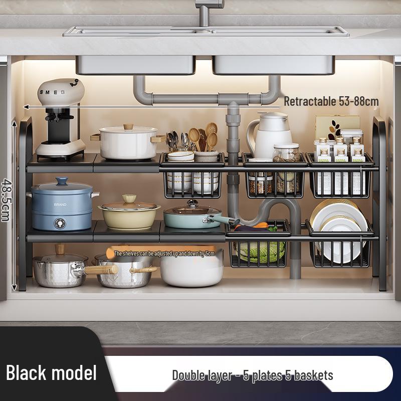 Rozšiřitelný kuchyňský úložný regál: Podumyvadlová police na organizér na nádobí