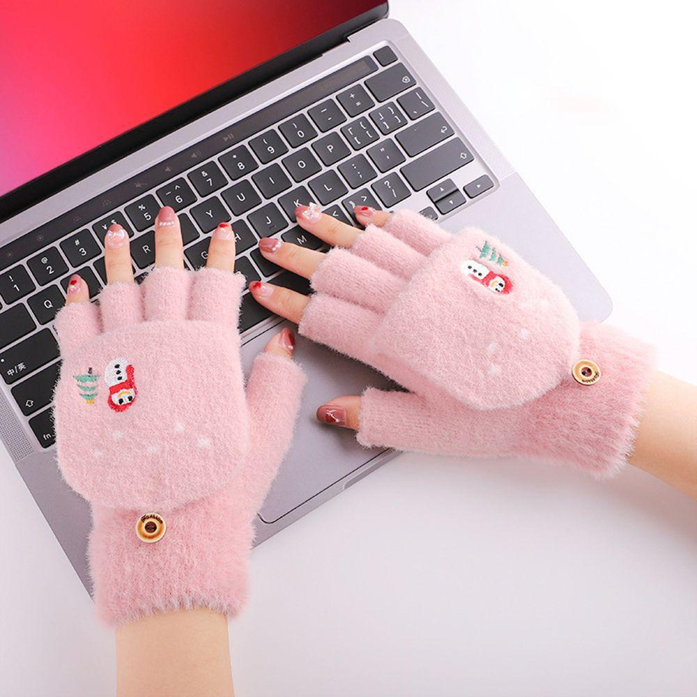 Color Plush Windproof Outdoor Half Finger Gloves Women's Gloves Flip Cover Gloves Thick Mittens