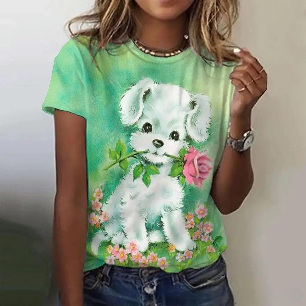 Letní dámské tričko s krátkým rukávem, s kulatým výstřihem, s 3D potiskem roztomilých zvířat, módní, ležérní