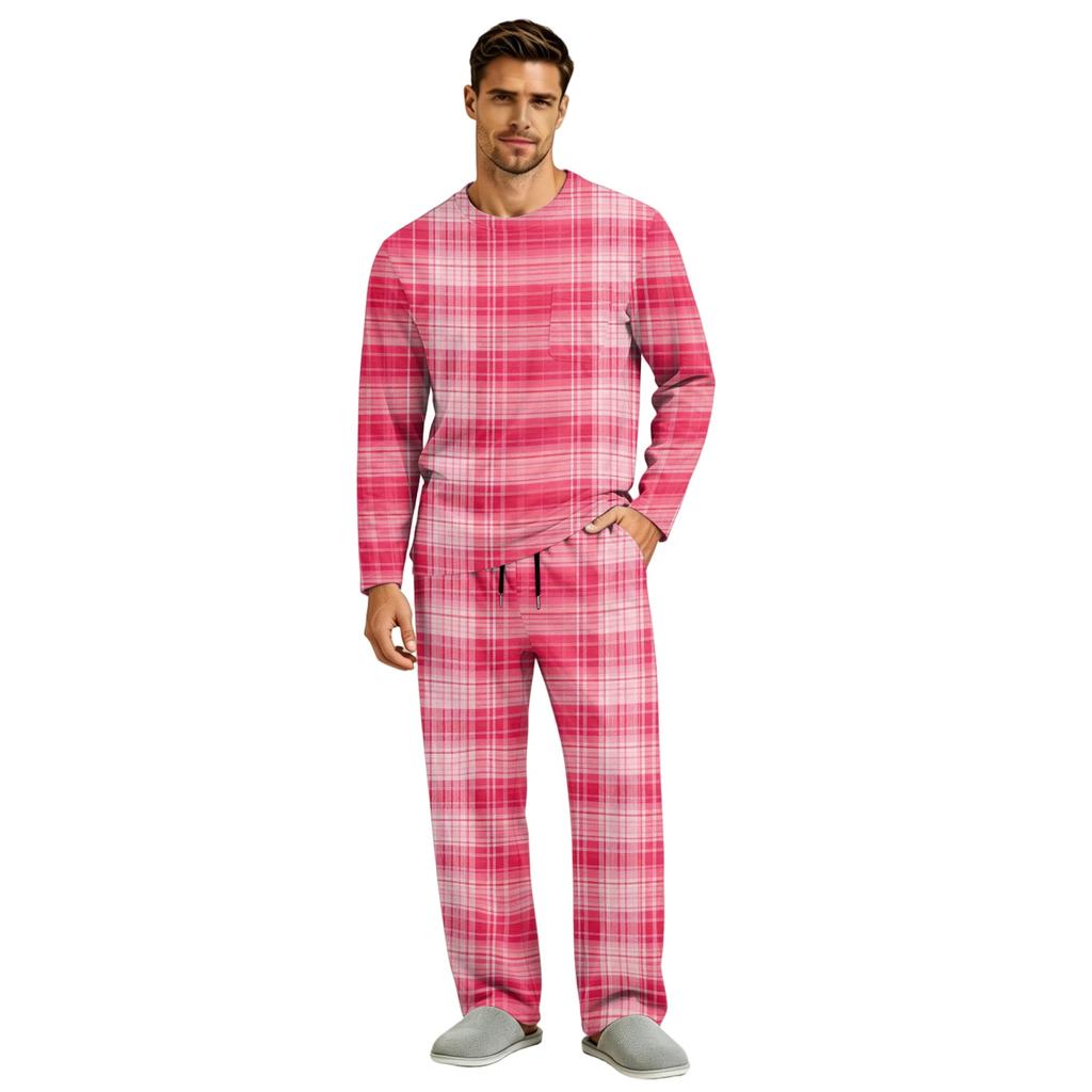 Men's Long Sleeve Pajama Set with Button Crotch and Elastic Drawstring Waist for Home Comfort