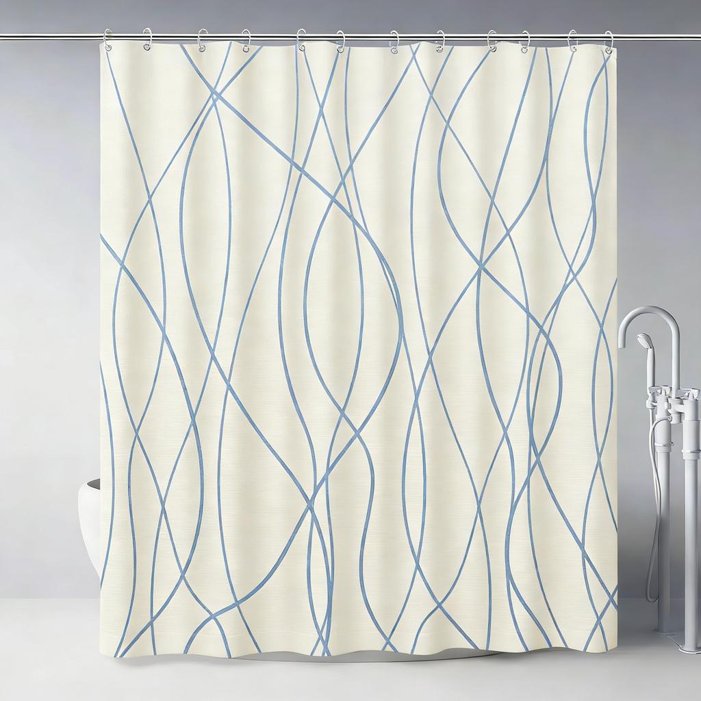 Modern Teal Gradient Wavy Line Art Waterproof Shower Curtain