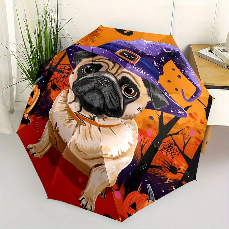 

Pug, Halloween Theme 8 Bone Hand Automatic Folding Umbrella, Compact and Portable Design, A Perfect Gift for Birthday, Christmas or Business