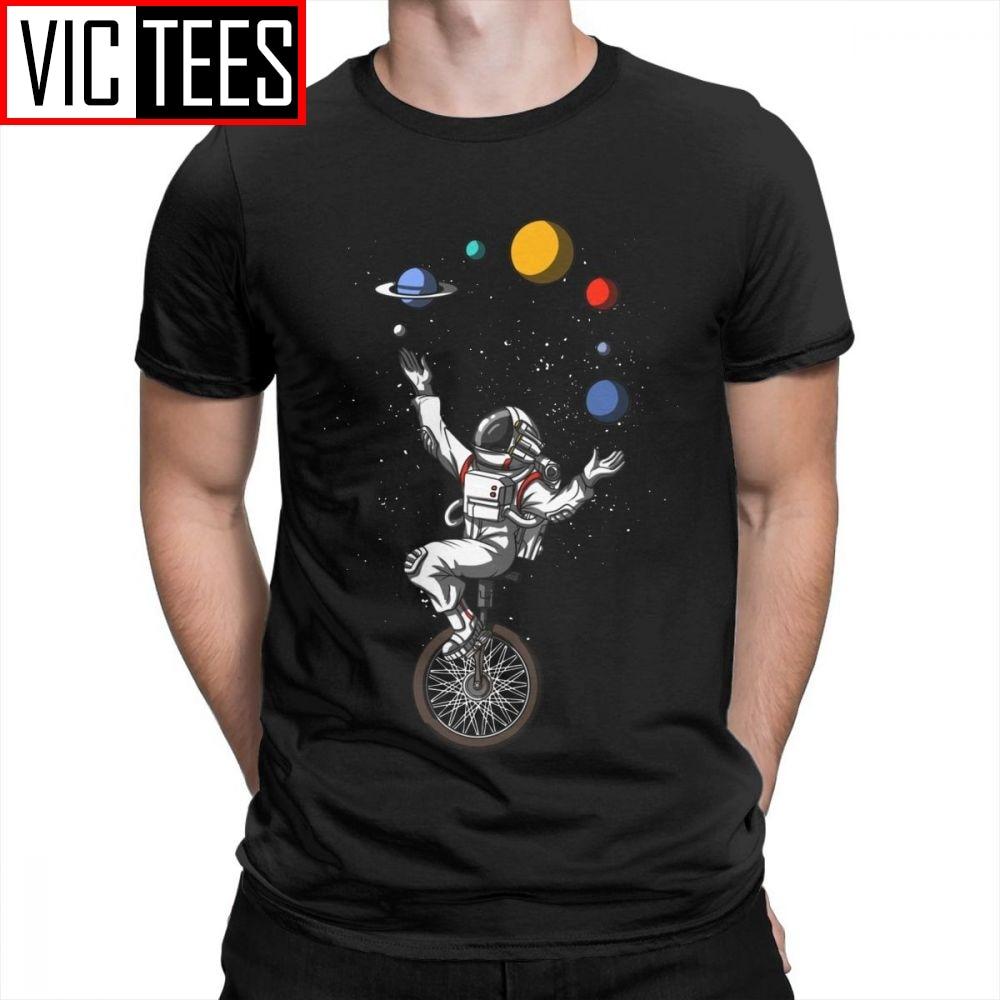 Man Men T Shirts Space Astronaut Riding Bicycle Juggling Solar System Planets Funny Short Sleeves Tees Tops Cotton T-Shirt