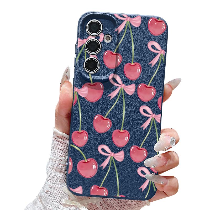 Crystal Cherry Fruits Bowknots Case For Samsung Galaxy A57 A37 A17 A56 A36 A26 A16 A55 A35 A25 A15 A54 5G S21 FE S22 S23 S24 Plus S25 Edge S26 Ultra