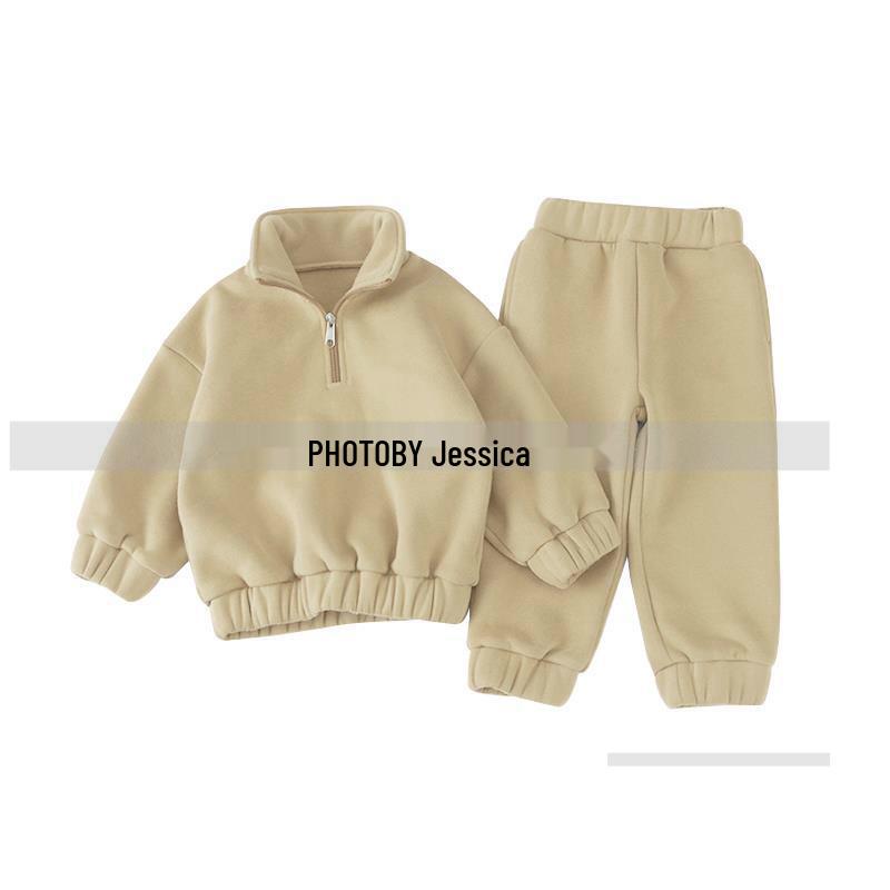 Korean Style Winter Fleece Set: High Neck Half-Zip Top & Joggers for Boys and Girls