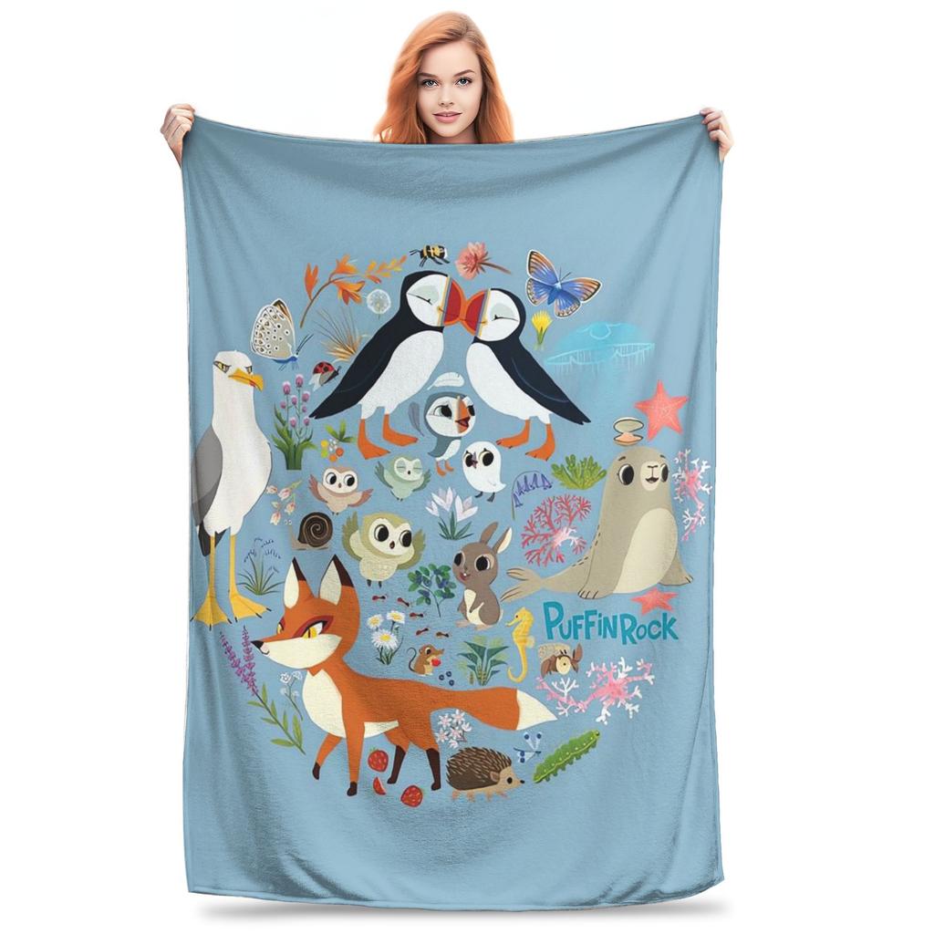 Flanell-Kuscheldecke Papageientaucherfelsen Cartoon Warme Plüschdecken Weiche Tagesdecke für Bett Wohnzimmer Zuhause Reise Sofa