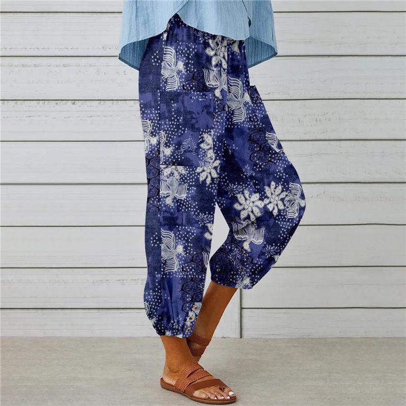 Sommer frauen Hosen Baumwolle Leinen Hohe Taille Kordelzug Neun-viertel Hosen Elastische Taille Bundle Fuß Mund Retro Druck hosen