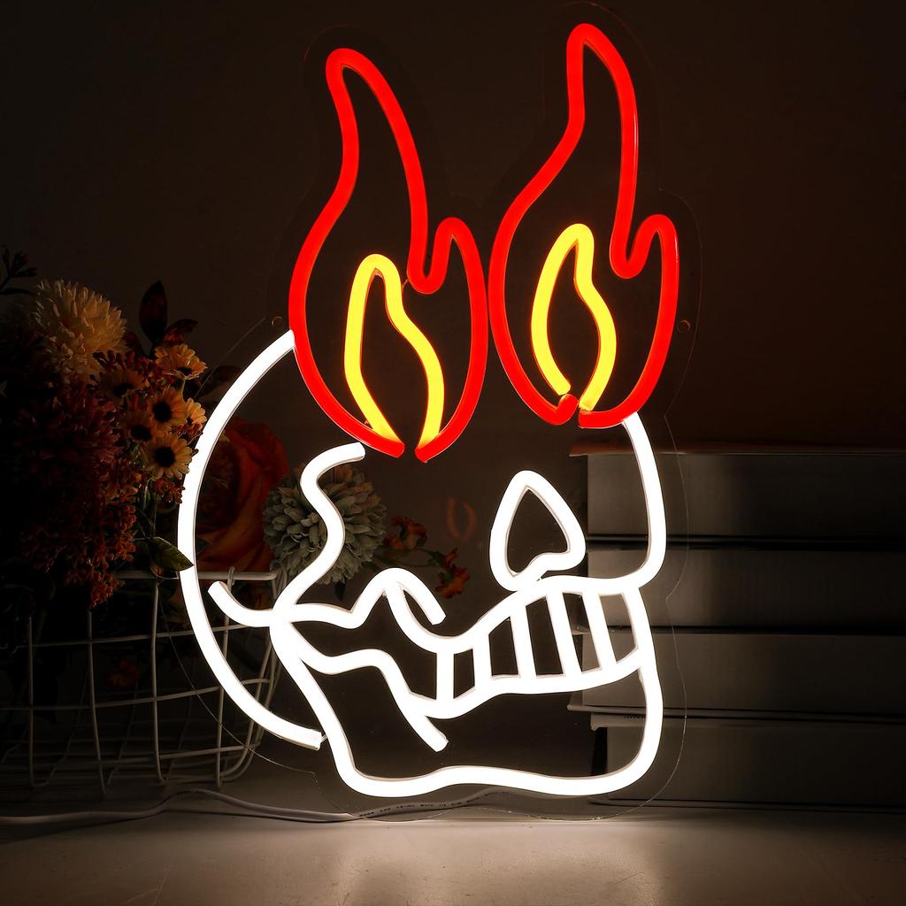 Skull Fire Neon Walls Decorated with Dimmable Halloween LED,USB-powered Men Cave Bar Club Game Room Halloween Party Decorations