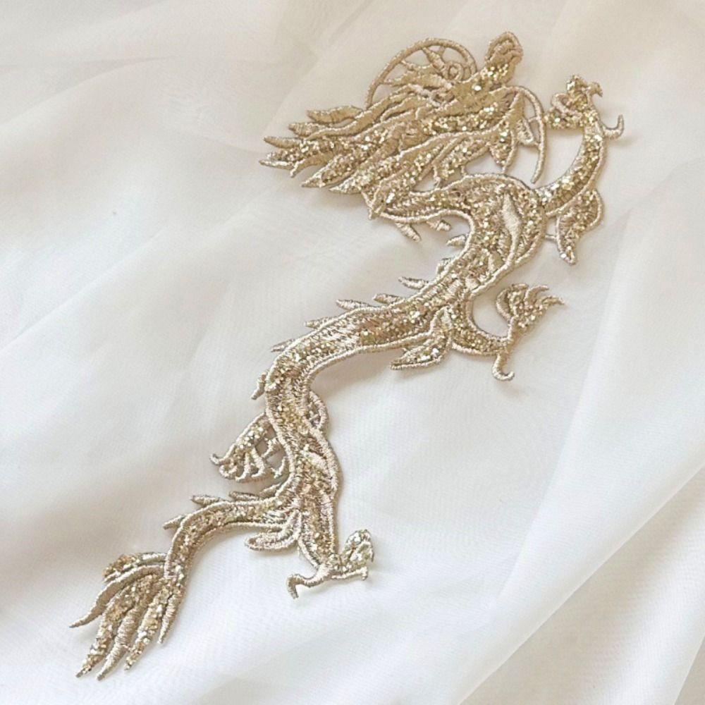 2 Pieces Sequin Decoration Embroidered Dragon Cloth Patch Chinese Style Sew On Patch  Bridal Gown