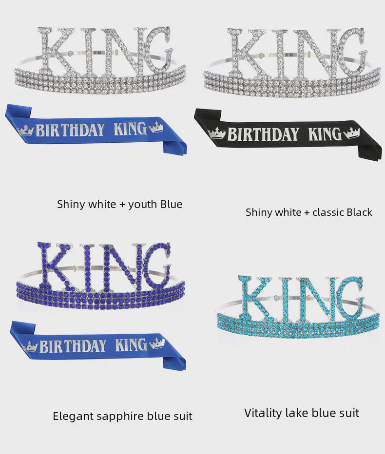 Men's Birthday King Crown and Sash Set - Party Hat Headdress for Cake Celebration