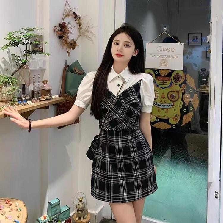 Shirt Splicing Plaid Dress Women's Summer New Popular Niche Design High-end Fake Two-piece Skirt
