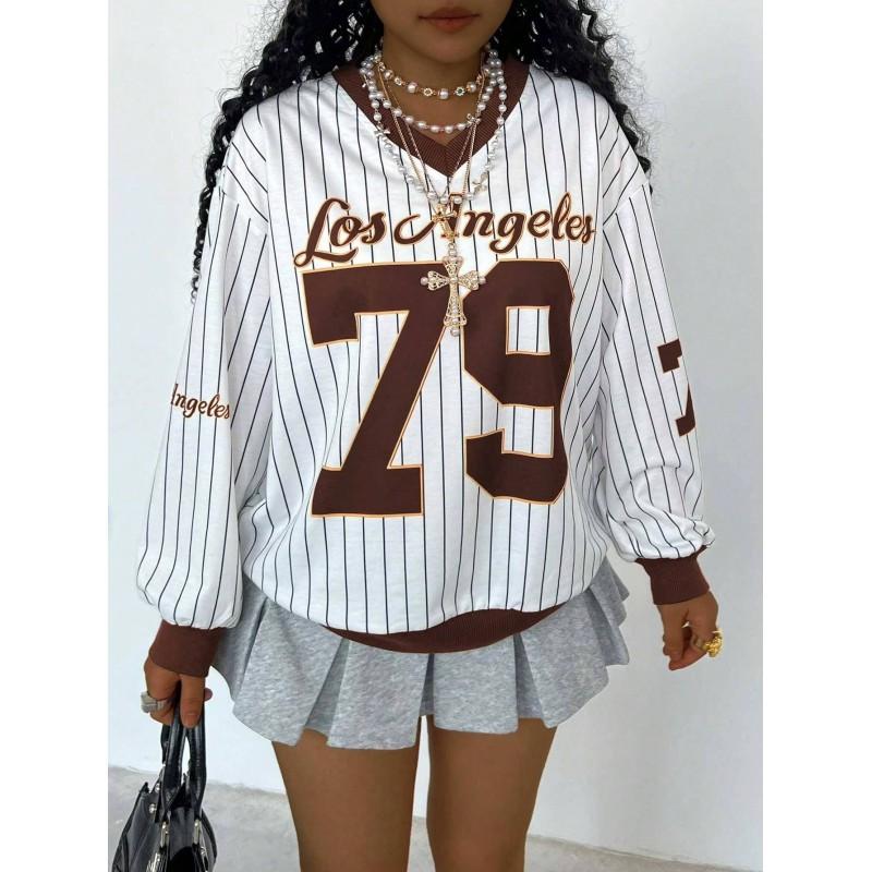 Womens Oversized Long Sleeve V-Neck Sweatshirt With Contrast Letter Print Casual Fall Top