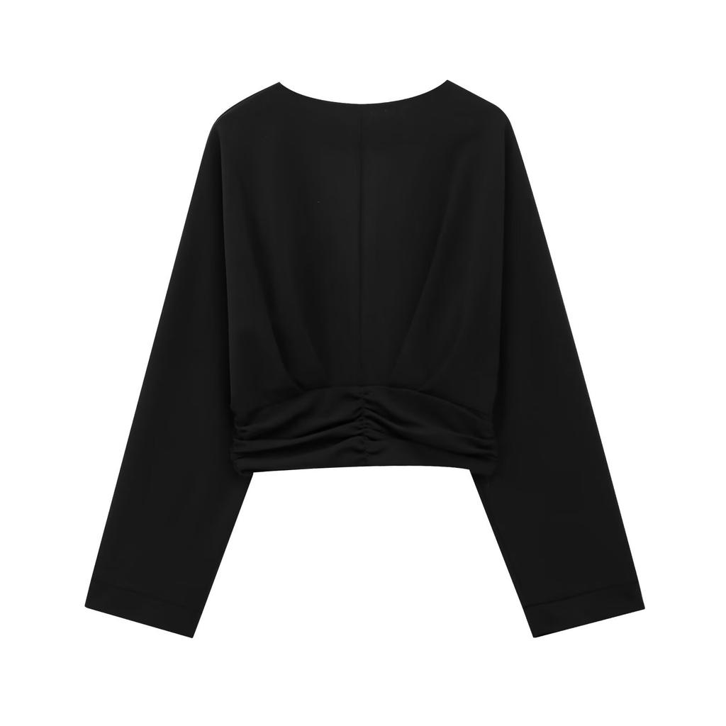 ZR1116 European and American Summer Women's Clothing V-neck Pure Desire Wind Slim-fit Cardigan Pleated V-neck Shirt Top Women