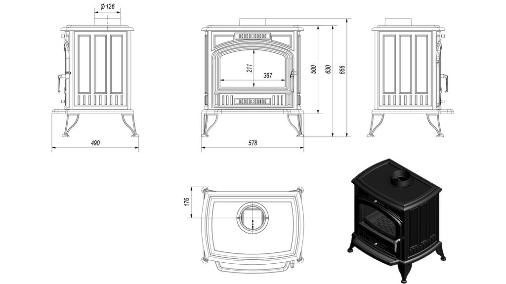 Wood Burning Cast Iron Stove KRATKI K6 Ø 130 8 kW with Accessories