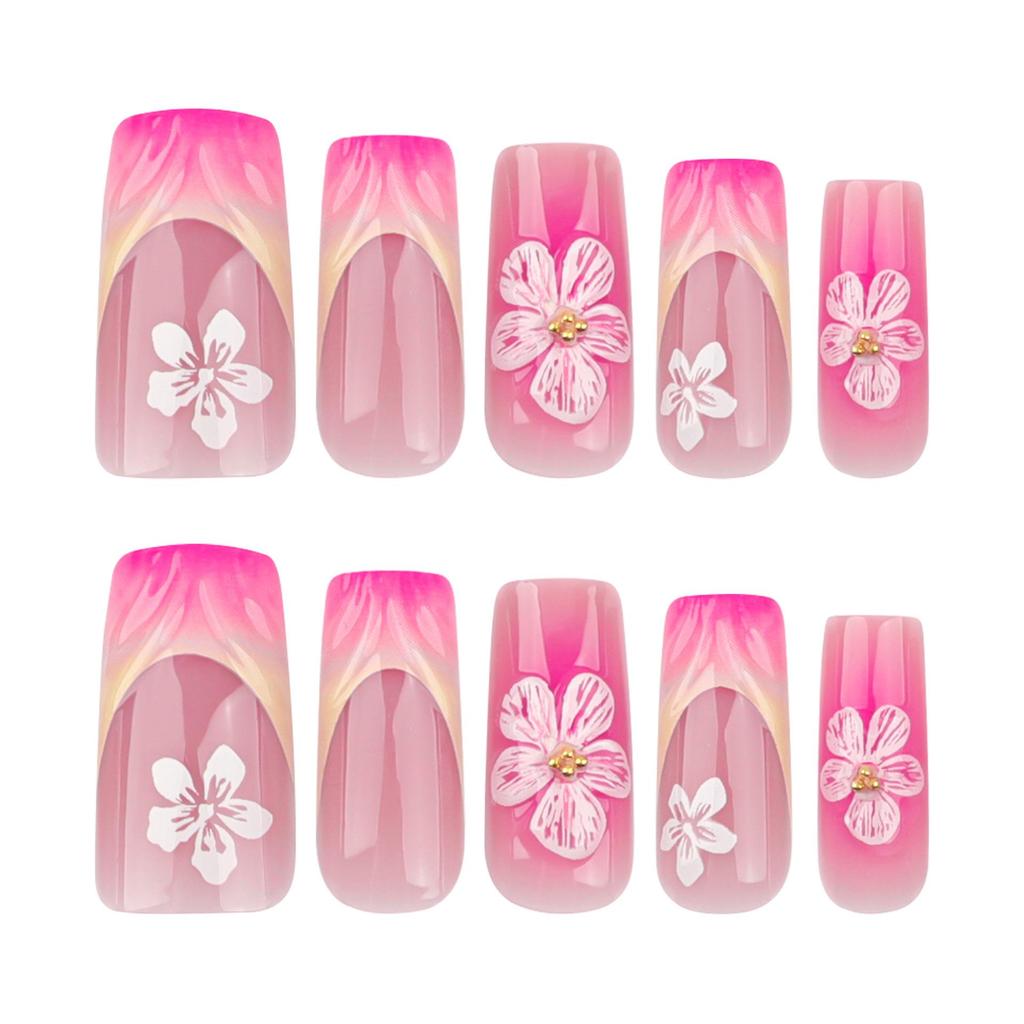 3D Blushed Gradient French Nail Art - Short Square Wearable Finished Flower Nail Tips