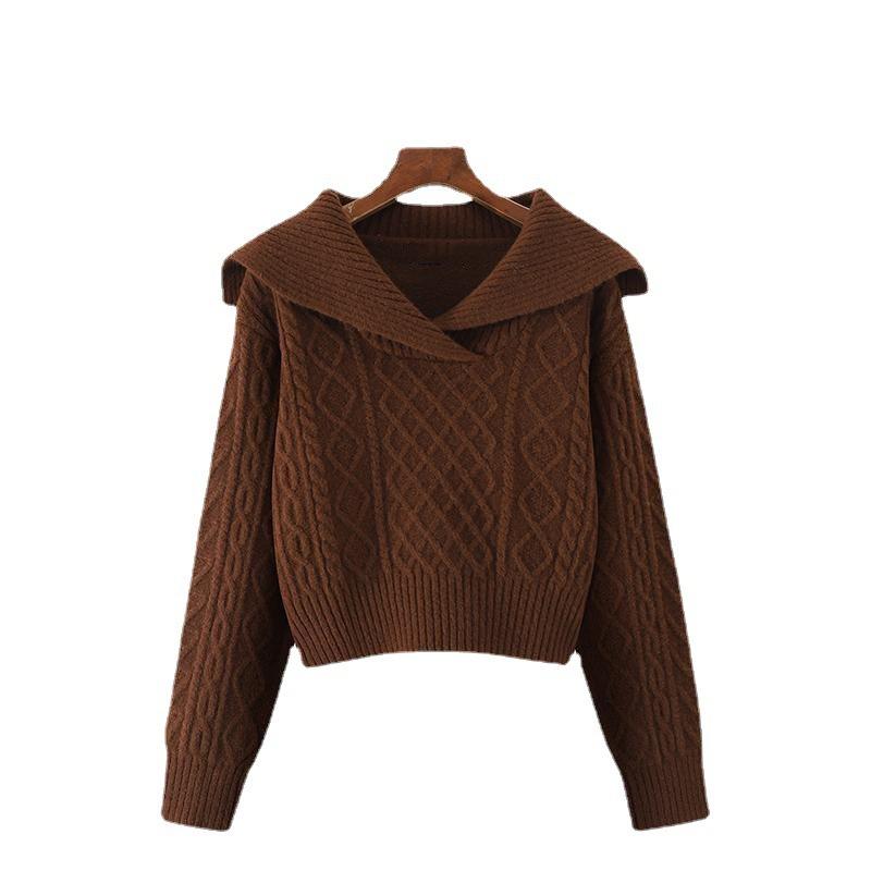 Loose Pullover Retro Sweater Hong Kong Style Women's Autumn and Winter New V-shaped Navy Collar Sweater Women's High-end Sense Versatile