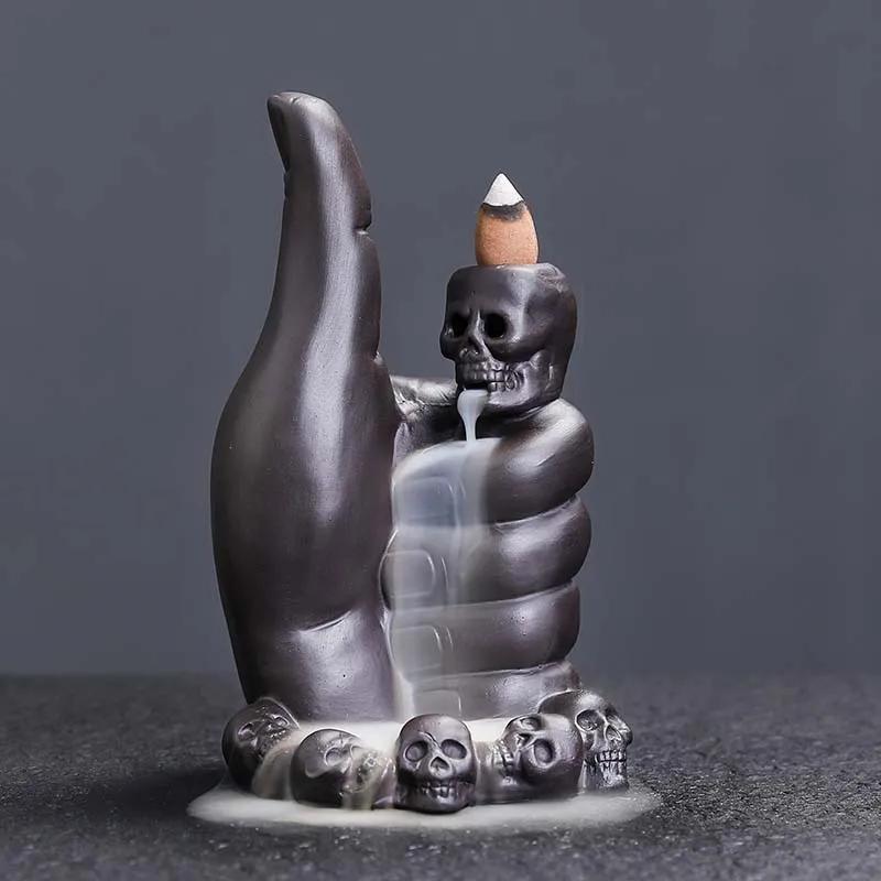 1pc Purple Clay Backflow Incense Burner, Creative Skull & Hand Design, Halloween Home Decor (Without Incense)