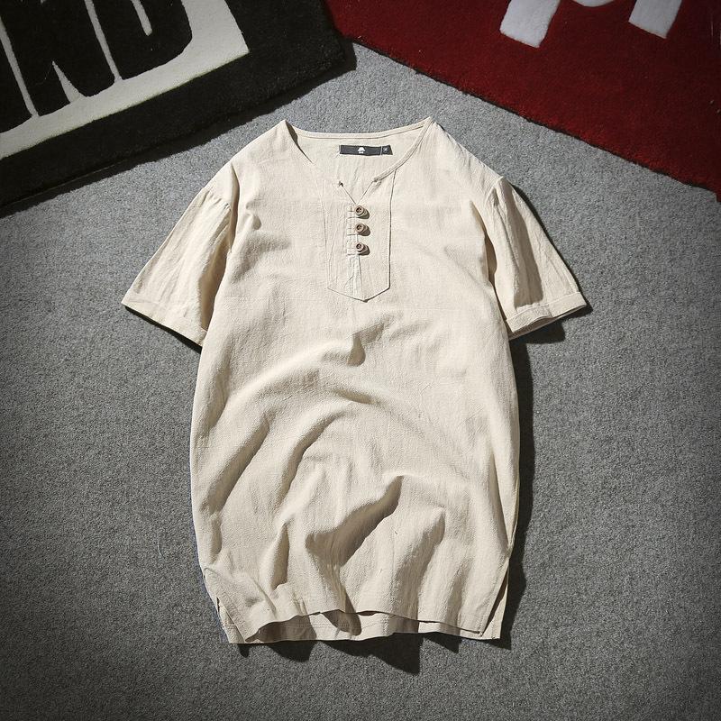 Camicie Estive da Uomo Bottoni Larghe Casual Maschili Scollo a V Manica Corta Harajuku Cotone Lino Maglietta Top