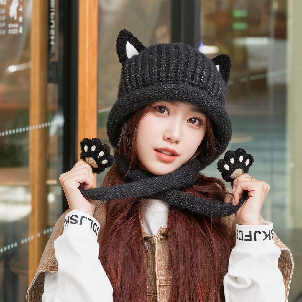 New cat ear knitted wool hat women's autumn and winter cold and warm ear protection hat casual versatile cute cat claw big head circumference