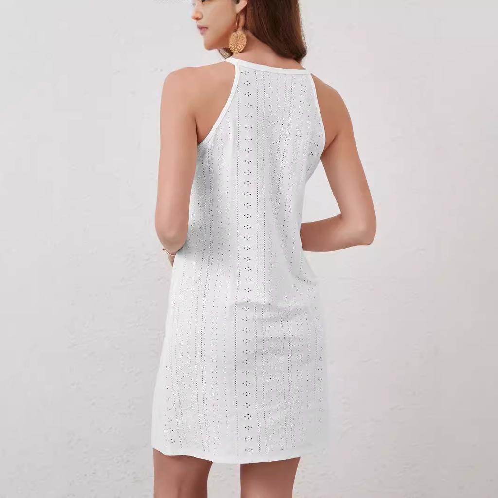Women Summer Casual Sleeveless Solid Color Lace Hollow One Piece Dress
