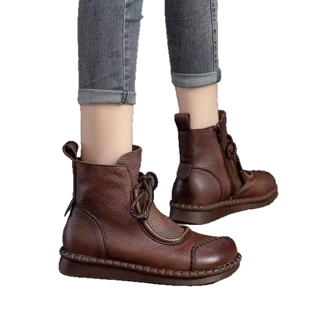Autumn and Winter New Retro Boots Fleece Thickened Cotton Boots Soft Sole Soft Surface Casual Short Boots Side Zipper