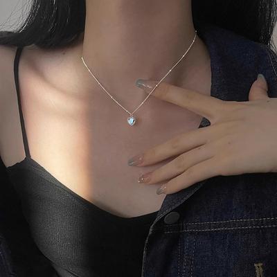 Aurora Blue Colorful Moonstone Love Pendant Necklace Female Design Sweet Heart Collarbone Chain Tide