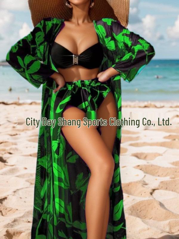 

Женский купальник-тройка в европейском и американском стиле 2024 года: Бикини, Длинная рубашка, Высокая талия Extra Large зелёный