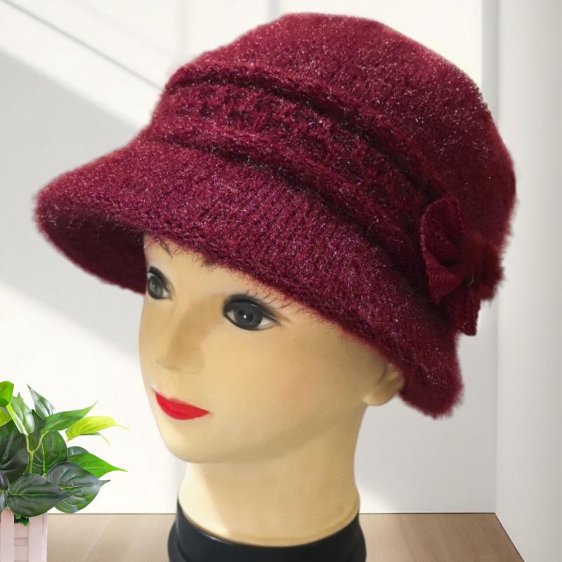 

Winter Middle aged and Elderly Women s Double Layer Plus Velvet Old Lady Woolen Hat with Brim Fashionable and Warm Mother s Knitted Hat